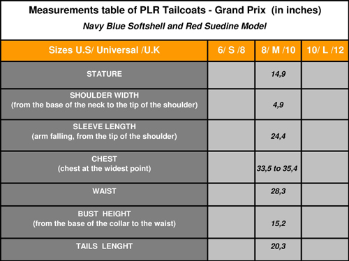 Measurements table of PLR Tailcoats - Grand Prix  (in inches)